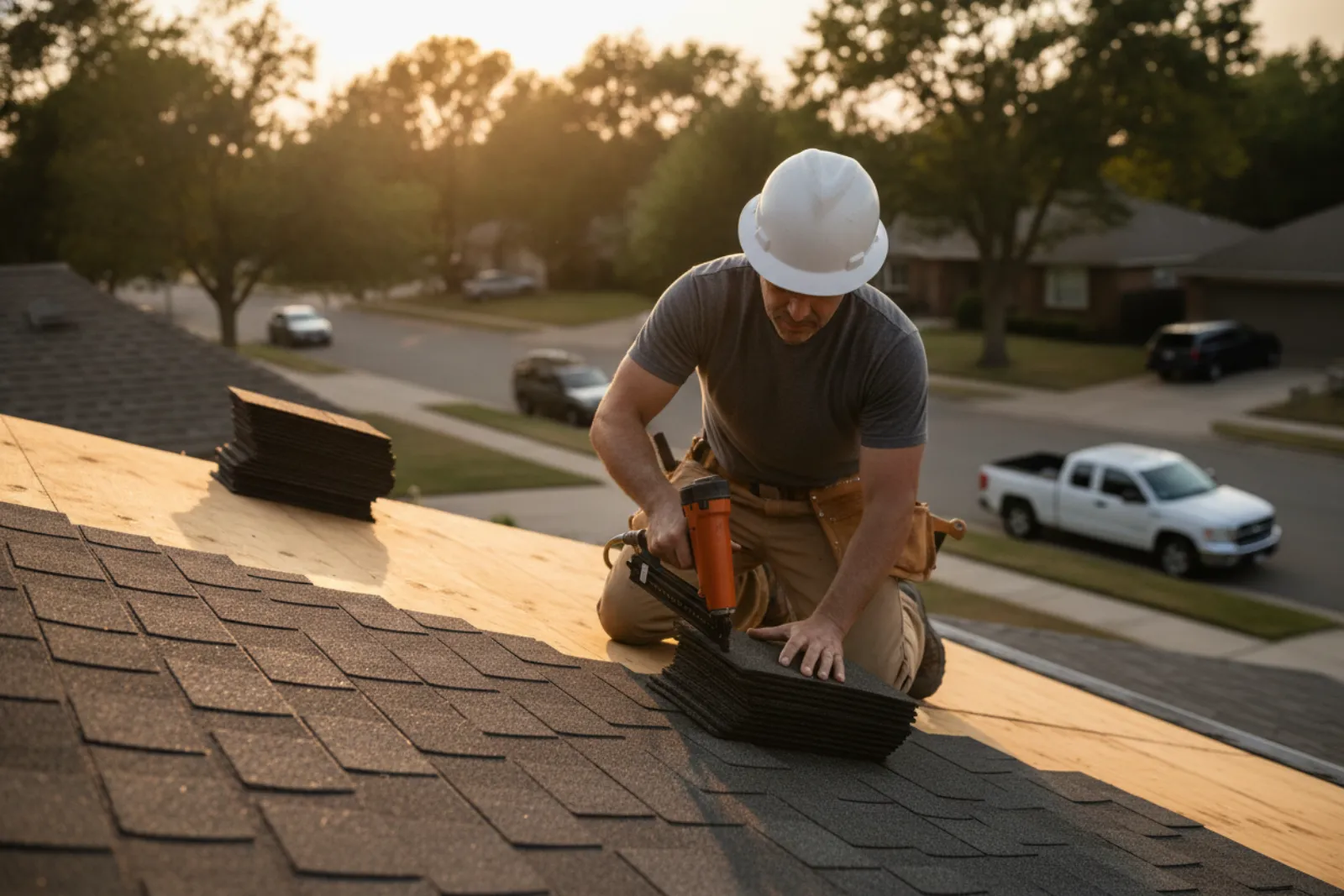 A roofer at work at golden hour