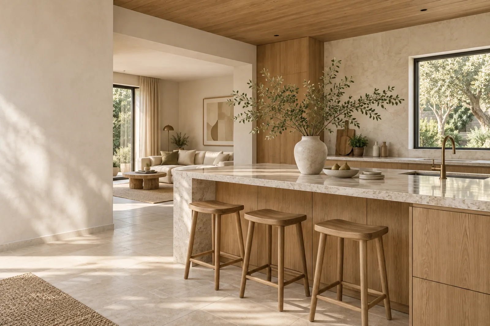 A light-filled kitchen with natural oak cabinetry and warm stone