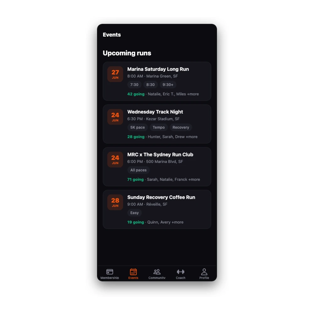 The Marina Run Club app, live and running