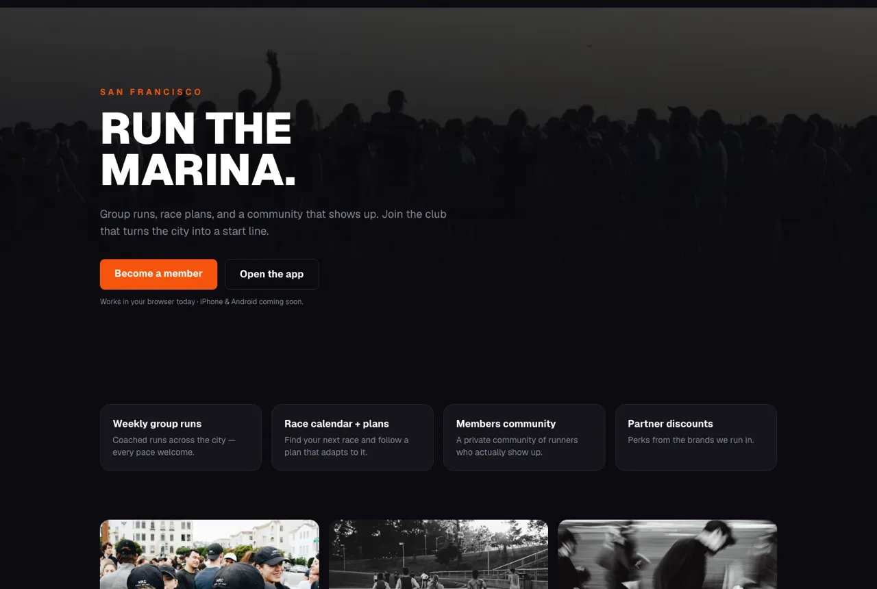 The Marina Run Club website, built and run by Daringly